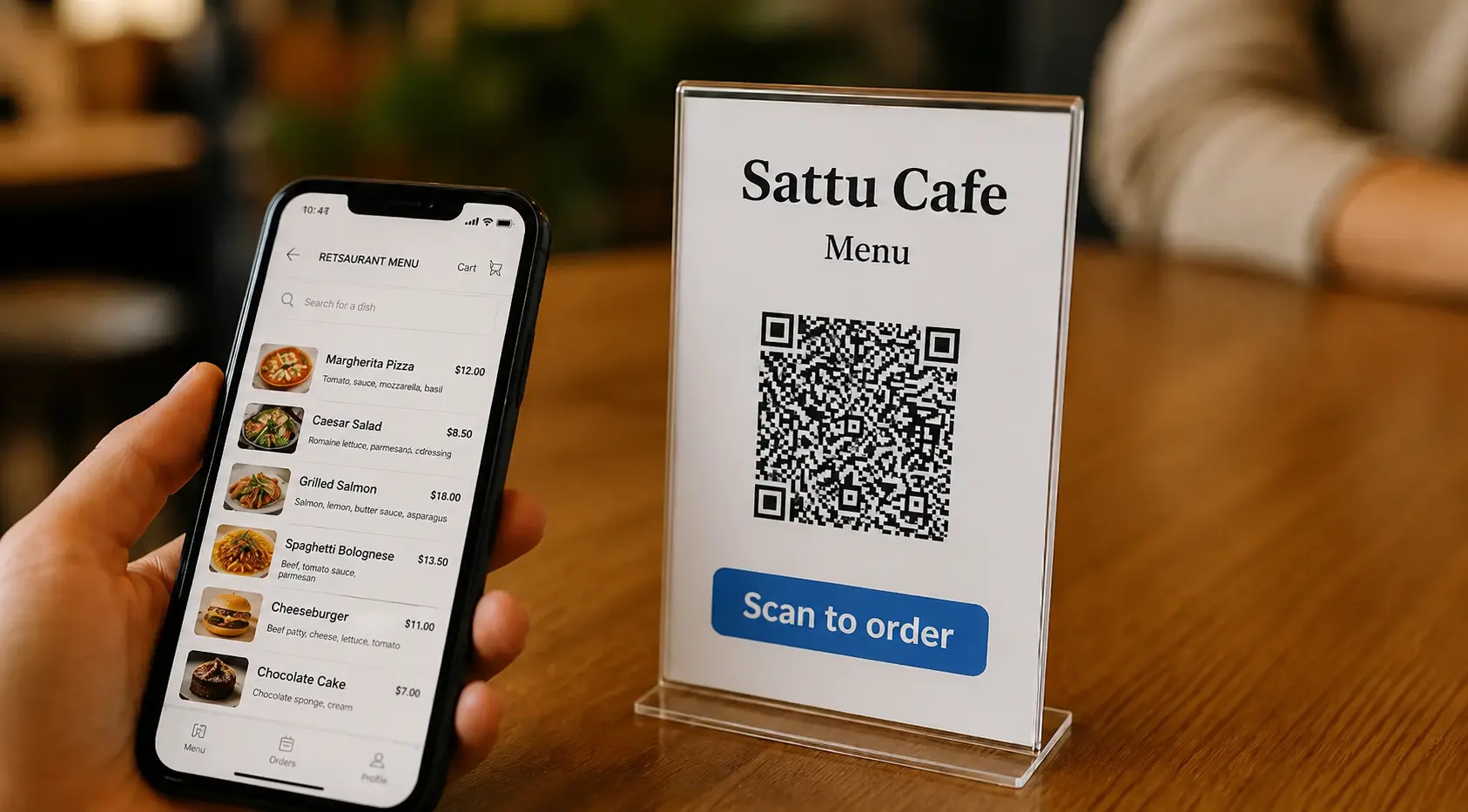 Guest holding a phone showing the digital menu next to an acrylic QR-code stand on a restaurant table — scanning to order.